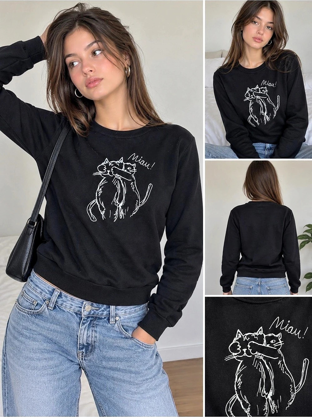 Cat Graphic Black Sweatshirt